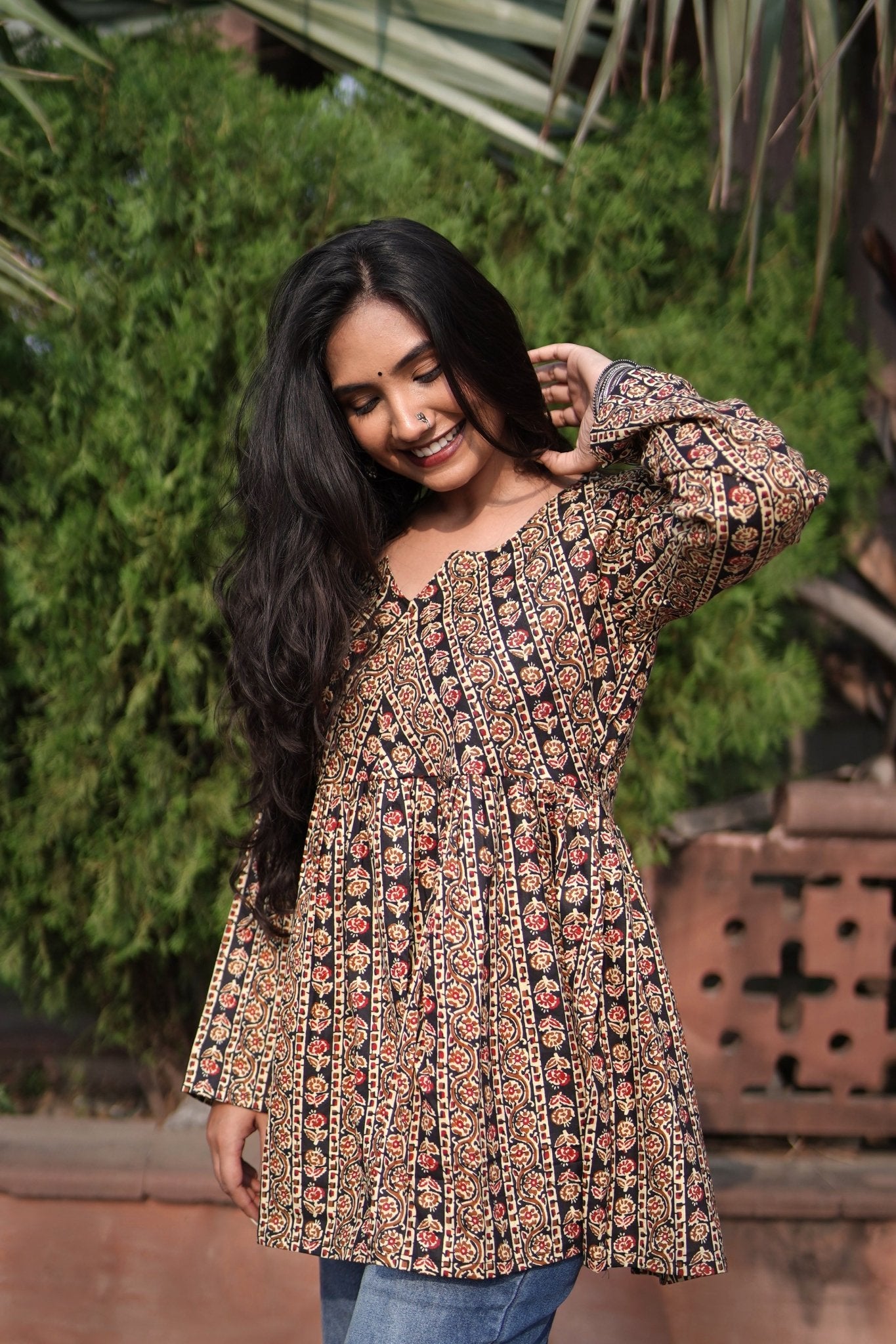 Rajni - Full Sleeves Floral Line Short Kurti - Vastronomy - Short Kurti